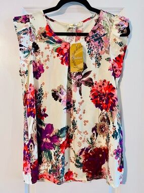 ANDREE BY UNIT Cream Floral Flutter-Sleeve Blouse with Pink & Red Blooms